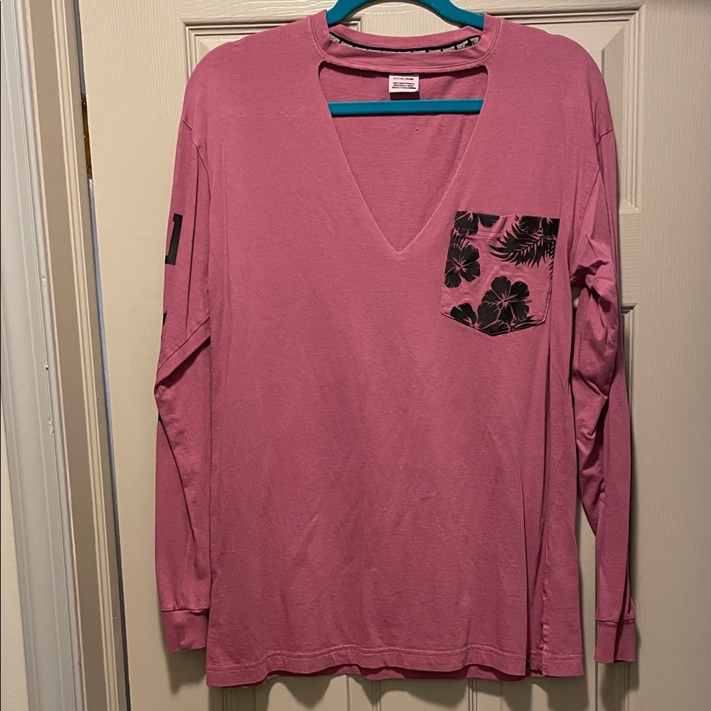 Pink VS Long Sleeve Shirt with Black Floral Pocket